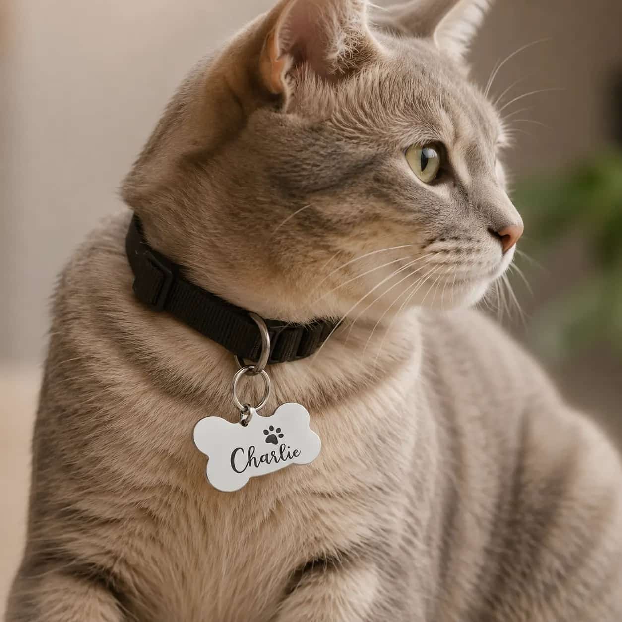 Placa de identificação pet em aço inox 304 formato osso com gravação de nome em gato
