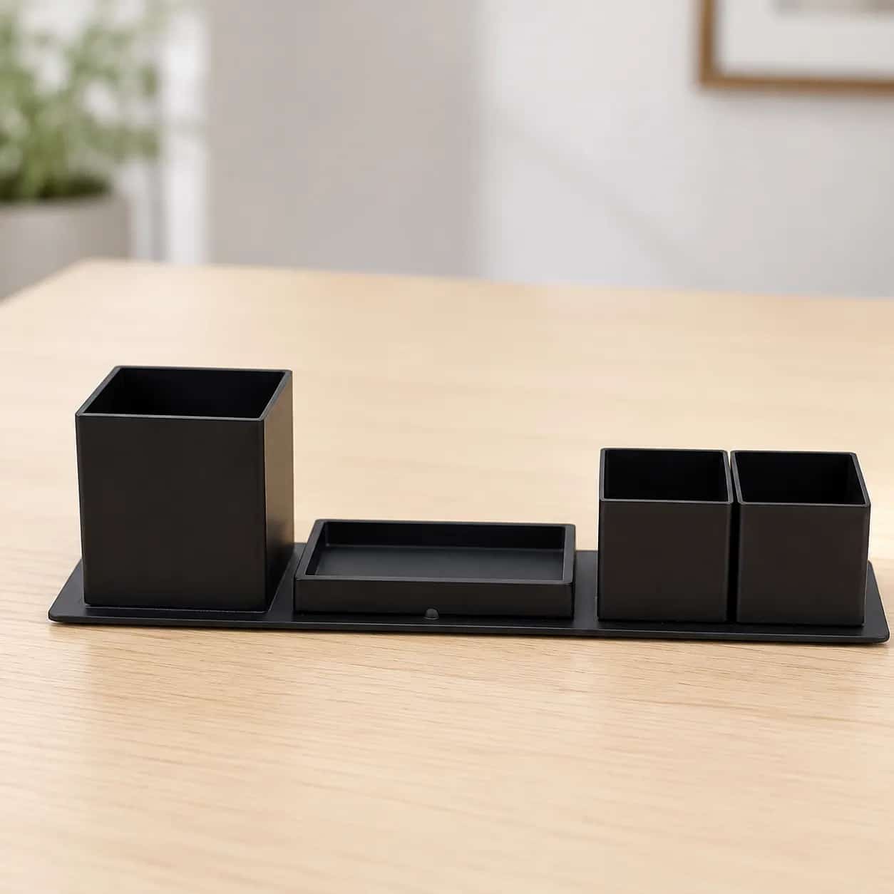 Porta-canetas em aço inox 304 organizador de mesa personalizado preto em mesa de madeira