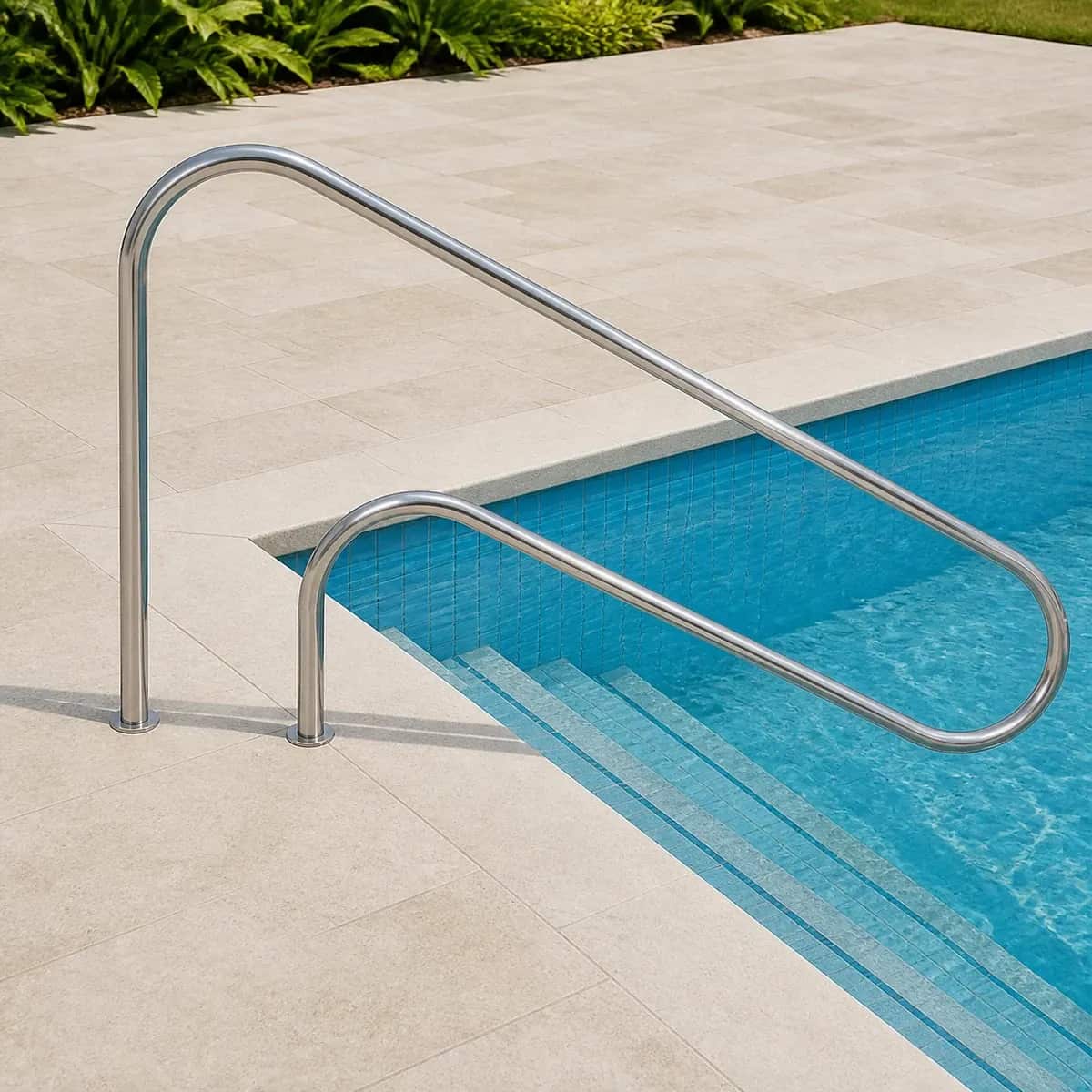 Corrimão fixo pequeno Upinox instalado com os chumbadores embutidos no deck da piscina