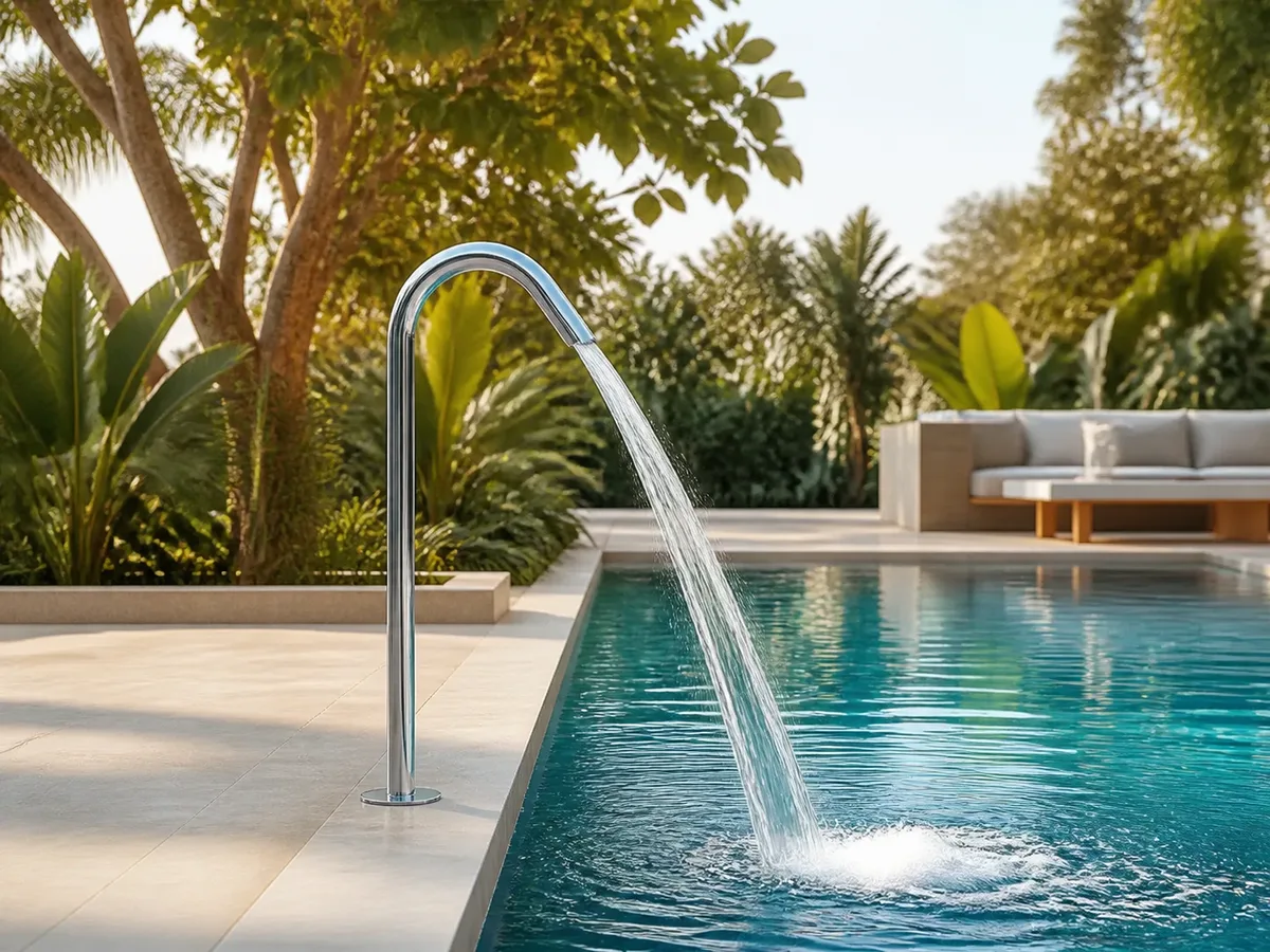 Cascata tubular de aco inox em area de lazer com piscina